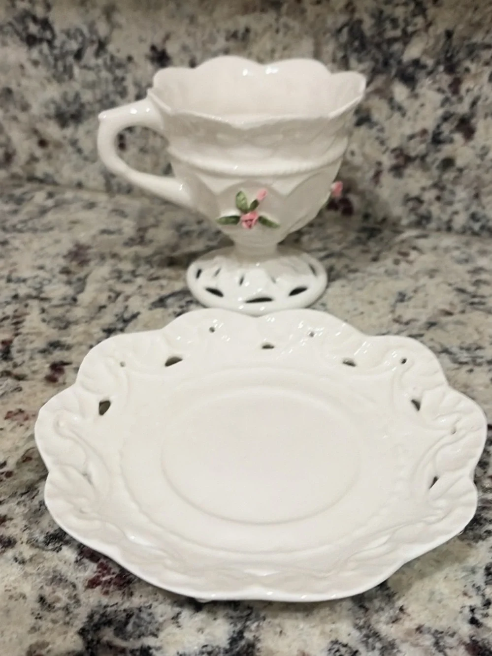 White Ceramic Pedestal Teacup and Saucer with Pink Rose Accents